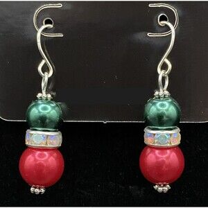 Handmade Green & Red Faux Pearl with Rhinestone Rondelle Earrings by Neanie-Bot
